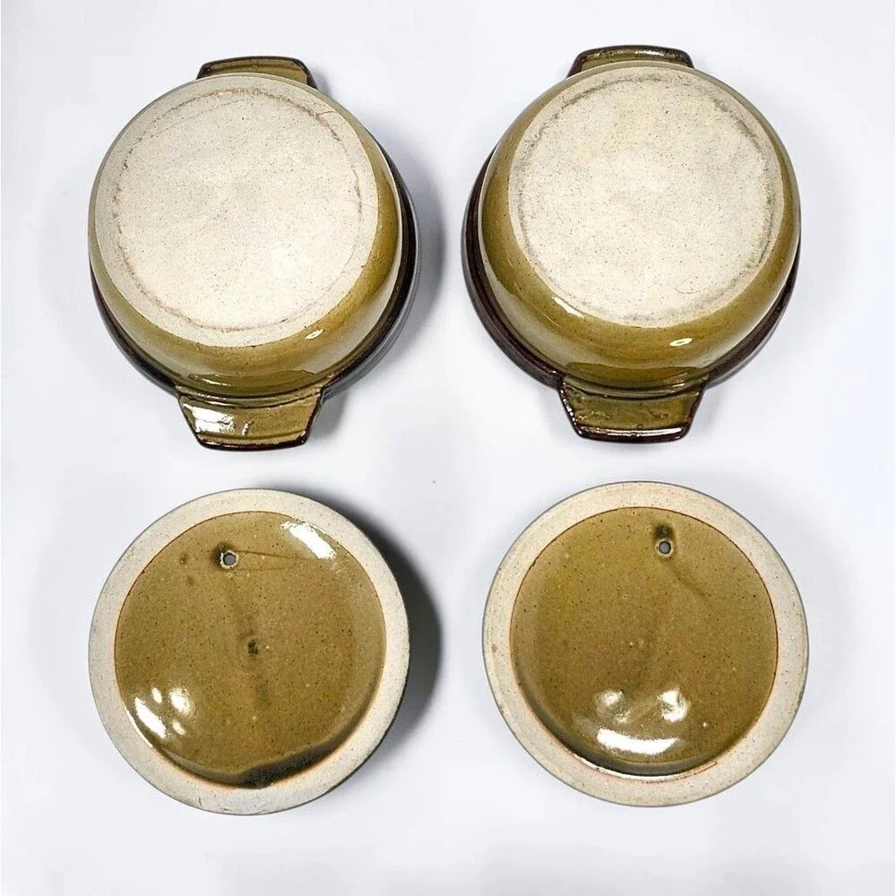 ​Vintage Stoneware Mini Casserole Crocks Set of 4 Avocado Green Brown Drip Glaze